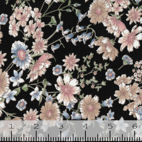 black, Floral Paige Linen Feel Polyester Fabric FA16132