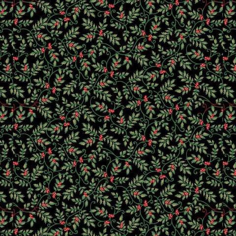 black, Sweet Christmas Memories Collection Mini Holly Vines Cotton Fabric 3620