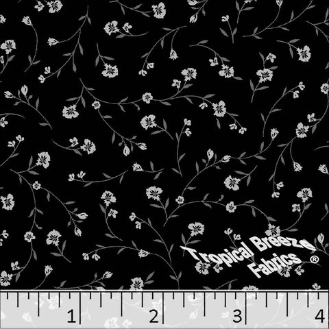 black, Linen Weave Floral Print  Poly Cotton Fabric 6243