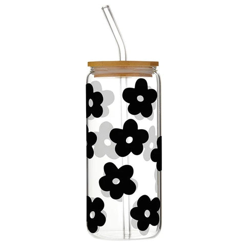 black flowers, Cold Brew Glass Tumbler