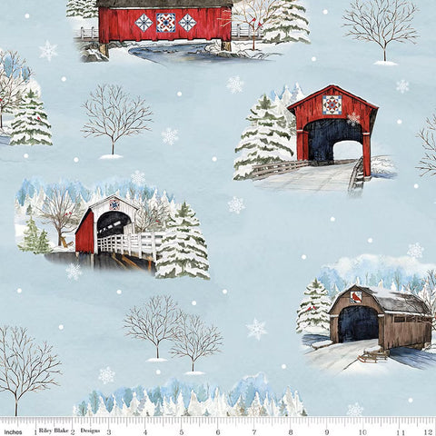 blue-gray-Covered Bridges in Winter Collection Cotton Fabric CD18000