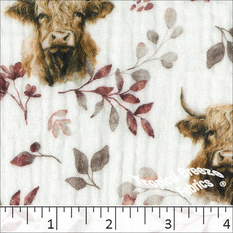 burgundy, Cotton Crinkle Highland Cow Print Fabric 102611