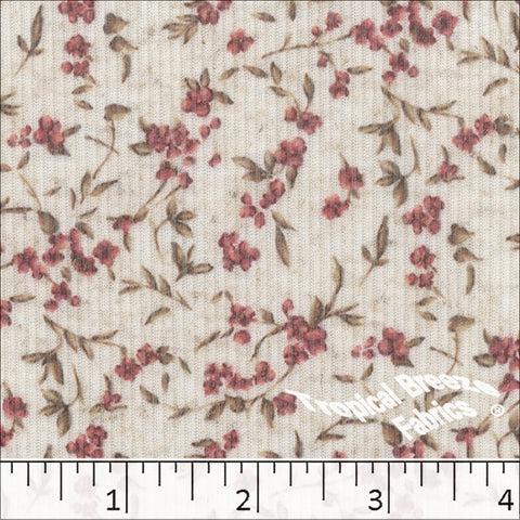 burgundy, Linen Rib Knit Tiny Floral Print Fabric 573617