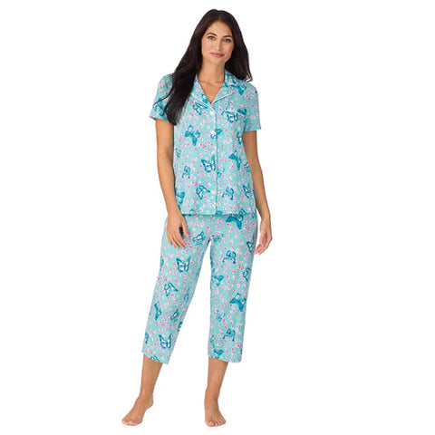 butterfly, Women's Short-Sleeve Notch Collar with Cropped Pant 2-Piece Pajama Set CD70029