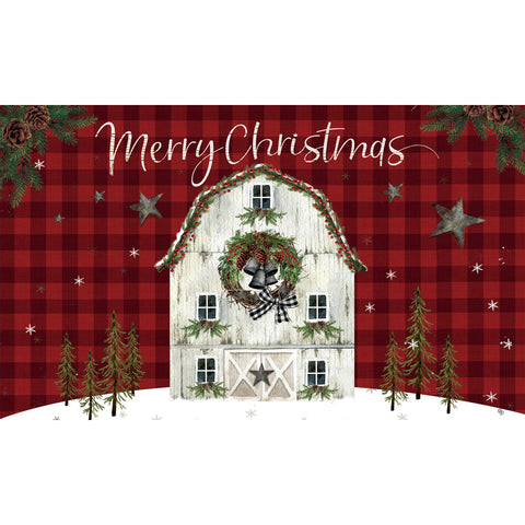 Custom Decor floor mat showing christmas barn