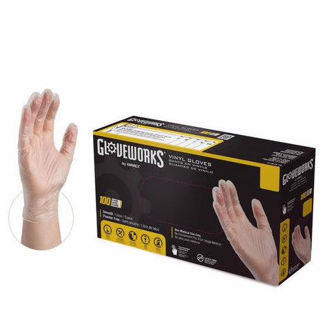 Gloveworks clear vinyl gloves with package