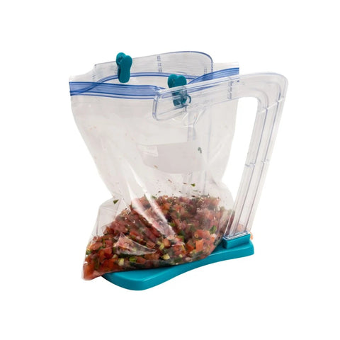 CLIP & FILL BAGGY OPENER 11202 displayed with a plastic bag filled with a salsa