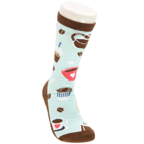 Lazy One women's crew sock with Coffee First pattern