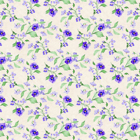 cream, Pansy Fields Collection Trailing Florals Cotton Fabric 28665
