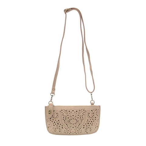 Joy Susan Lazer Cut Eyelet mini wristlet crossbody clutch in taupe as crossbody