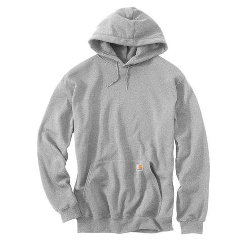 Heather Gray Carhartt hooded sweatshirt with Carhartt logo on front pocket.