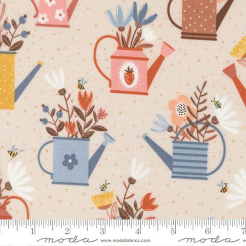 ivory, Blossoms and Blooms Collection Watering Can Cotton Fabric 39050