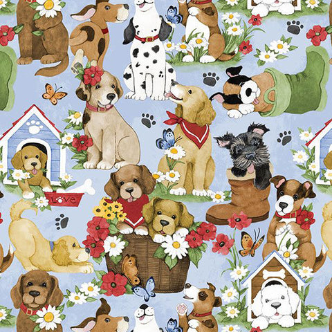 light blue, Paws at Play Collection Packed Puppies Cotton Fabric 39918