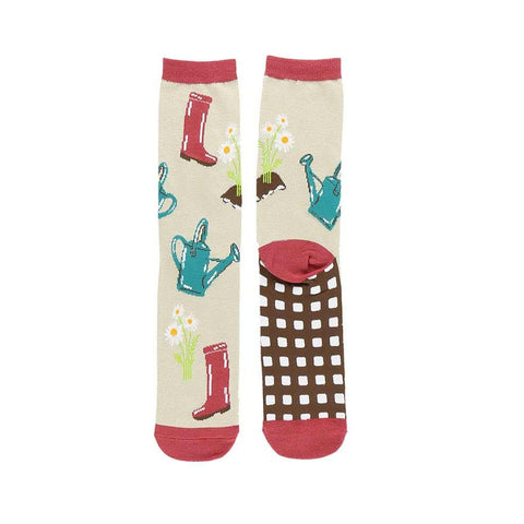 Lazy One women's crew sock with Love my Bed gardening pattern