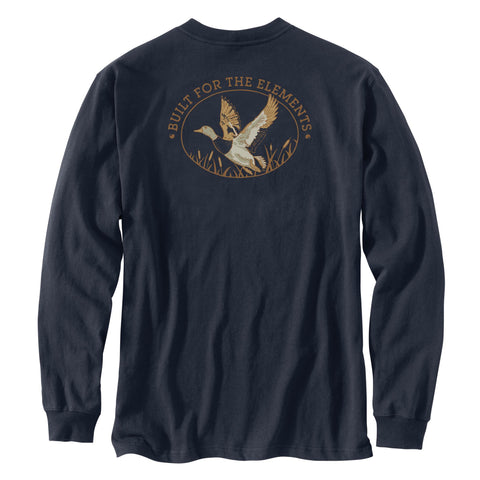 Back of Carhartt men's Irvine Relaxed Fit Duck Badge Graphic long-sleeve tee shirt in navy
