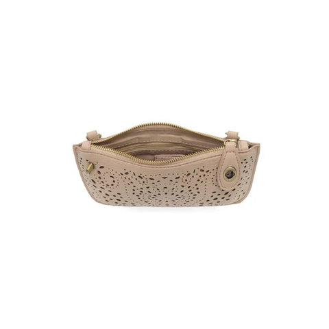 Joy Susan Lazer Cut Eyelet mini wristlet crossbody clutch in taupe open
