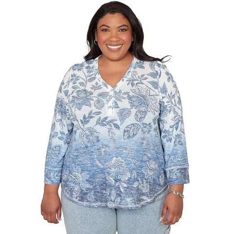 plus, Women's Ombre Batik Floral Henley Top 39150