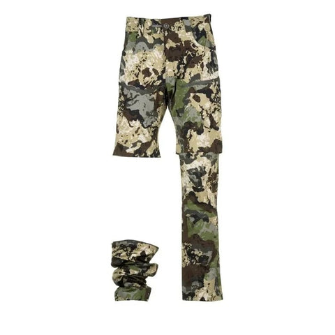 Pnuma men's Pursuit Zip-Off Camo Pants showing one leg zipped off