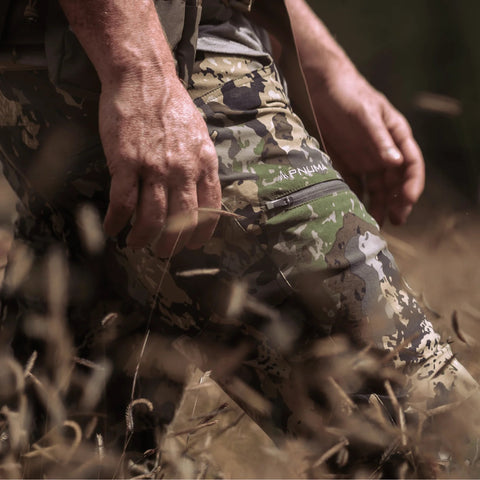Closeup of Pnuma men's Pursuit Zip-Off Camo Pants