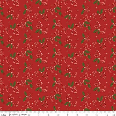 red, Christmas Greeting Collection Holly Leaves Cotton Fabric C17663