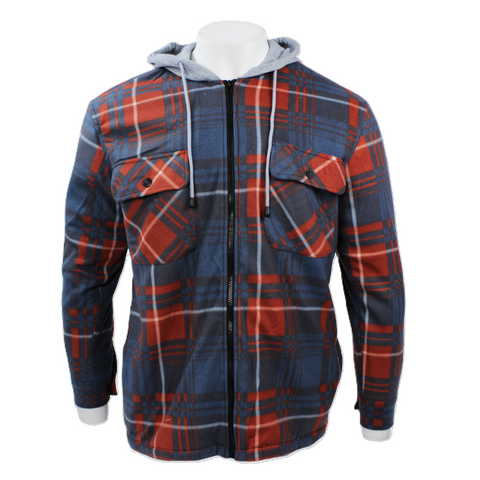 Good Traditions men's sherpa-lined hooded fleece shirt jacket in red & blue plaid