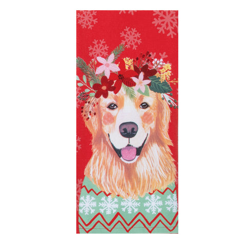 Flowers Everywhere holiday kitchen towel with retriever dog