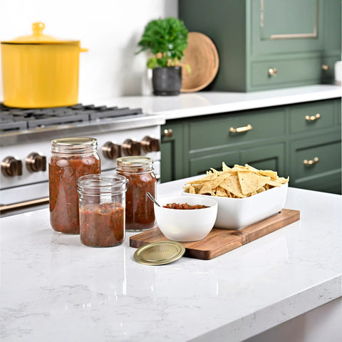 Canned salsa on countertop