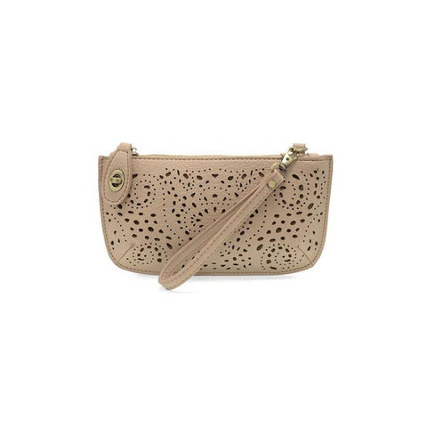 Joy Susan Lazer Cut Eyelet mini wristlet crossbody clutch in taupe