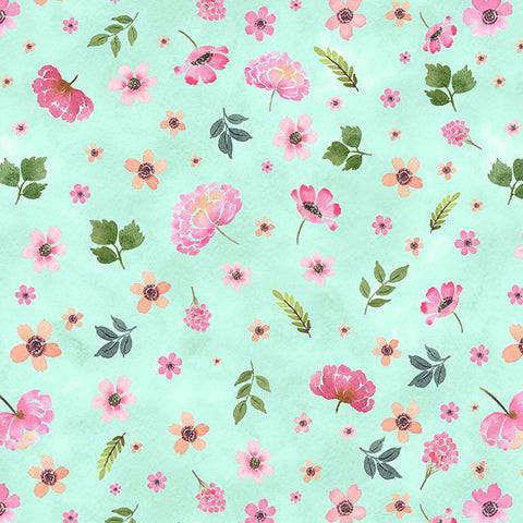 teal, Peony Blossoms Collection Tossed Flowers Cotton Fabric 34715