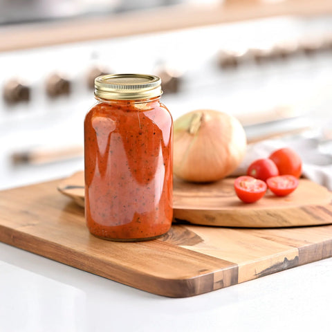 Canned tomato sauce on countertop