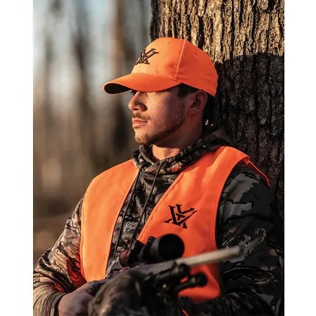Men wearing Vortex blaze orange hunting vest & baseball cap
